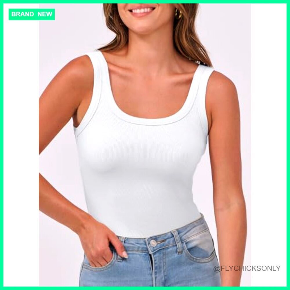Sleeveless Scoop Neck Ribbed Tank Top Fitted Slim Summer Basic - Picture 3 of 7